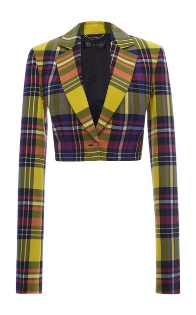 versace cropped tartan jacket|Versace black leather jacket.